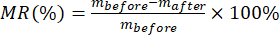 Static equilibrium; formula MR(%): [(m_before - m_after) / m_before] x 100%; mathematical concept.
