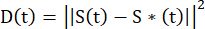 Dynamic time warping formula: D(t)=|S(t)-S*(t)|^2, used in signal processing analysis.