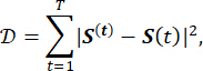 Mathematical equation for signal difference analysis; formula: D=Σ|S^(t)−S(t)|²; equation diagram.