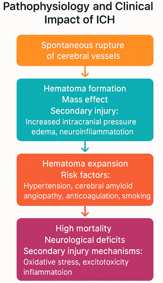 Pathophysiology flowchart of ICH: rupture, hematoma, expansion, mortality, depicting injury mechanisms.