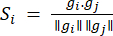 Mathematical equation for calculating similarity index, featuring dot product and vector norm.