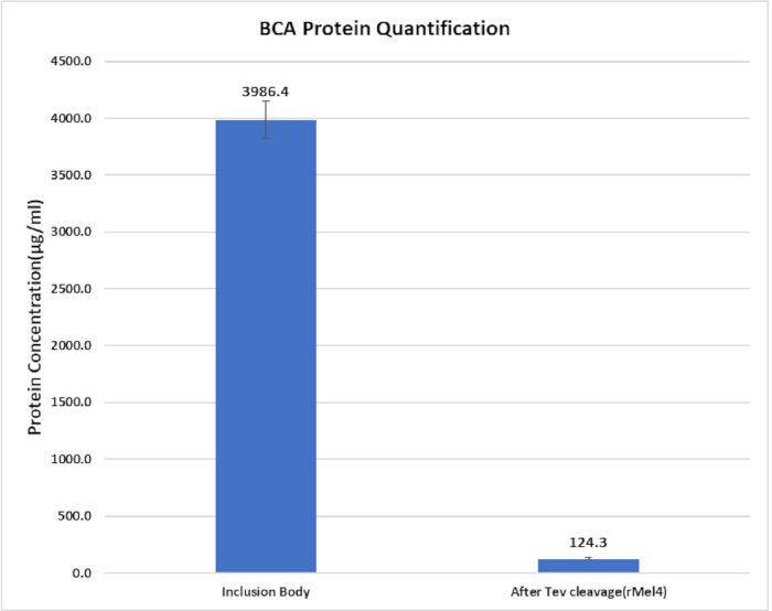figure-results-3 BCA 蛋白定量柱状图,蛋白浓度,包涵体与 TEV 切割比较。