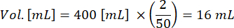 Volumetric calculation, equation: Vol.[mL]=400[mL]×(2/50)=16mL, dilution process, chemistry analysis.
