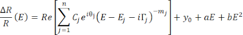 Equation for static equilibrium optical study; ΔR/R formula with complex exponentials, spectral fitting.