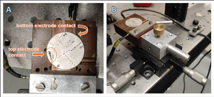 Electrode contact setup for optical excitation study; includes top and bottom electrode contacts.