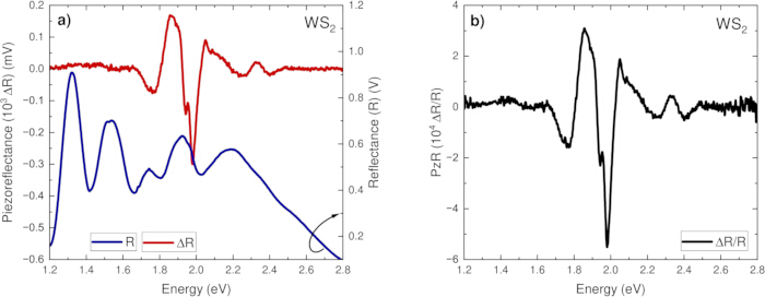 WS2 piezoreflectance spectra diagram; energy vs reflectance; photonic analysis; spectral fitting.