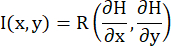 Gradient vector formula, I(x,y)=R(dH/dx,dH/dy), mathematical diagram, partial derivatives.