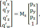 Transformation matrix equation; diagram; quaternion to position vector conversion; mathematical model.