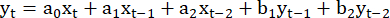 AR(2) model equation diagram; yt=a0xt+a1xt-1+a2xt-2+b1yt-1+b2yt-2; time series analysis.