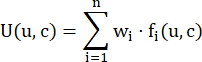 Utility function equation, Σwi·fi(u,c), diagram, concept in economics, optimization analysis.