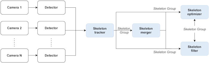 Camera detector system diagram for skeleton tracking, merging, and optimization.