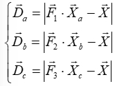 Vector equation set for equilibrium analysis; depicts force vector calculations; mathematical diagram.