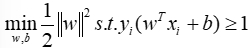Support vector machine optimization equation \(min \frac{1}{2}\|w\|^2\), subject to constraints.
