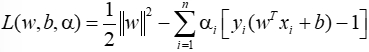 Support vector machine loss function formula, depicting linear classifier optimization.