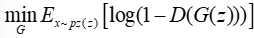 Generative adversarial network formula, min G, involving log, expectation, and discriminator D.
