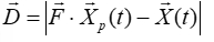 Vector calculation equation diagram for statistical analysis, showing \(\vec{D} = |\vec{F} \cdot \vec{X}_p(t) - \vec{X}(t)|\).