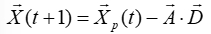 Equation of vector dynamics: X(t+1)=X_p(t)-A·D; formula symbols; educational context.