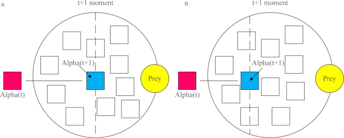 Predator-prey dynamics diagram with Alpha(t) and Prey indicating movement over time t+1.