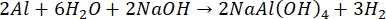 Aluminum-water reaction equation, chemical reaction, hydrogen gas production, formula: 2Al+6H₂O+2NaOH→2NaAl(OH)₄+3H₂