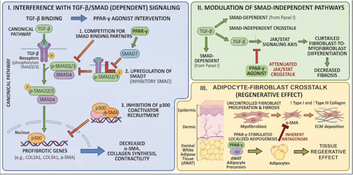 figure-protocol-2 TGF-β/SMAD signaling diagram: canonical pathway, SMAD7 upregulation, adipocyte-fibroblast crosstalk.