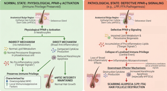 figure-protocol-4 Normal vs. pathological PPAR-γ signaling diagram; immune privilege, lipid metabolism, hair growth.