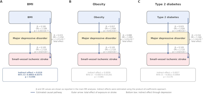 figure-results-2 BMI, Obesity, Diabetes causal pathways in depression impact on stroke; effects diagram.