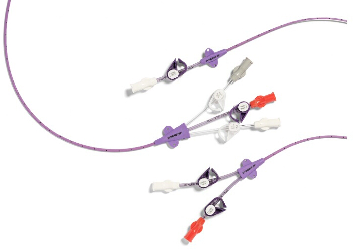 Catheter setup for medical procedures, showing flow control and access ports diagram.