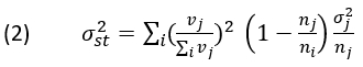 figure-protocol-4 Variance formula, σ²ᵢ = Σ(vⱼ/Σvⱼ)²(1-nⱼ/nᵢ)σ²ⱼ/nⱼ, statistical analysis equation.