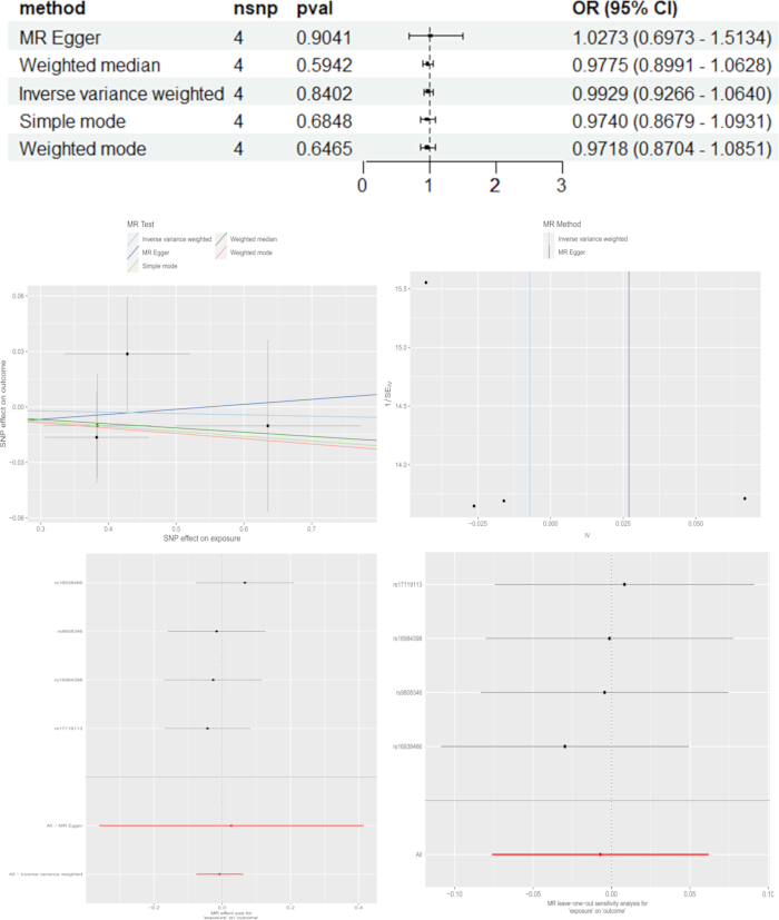 Mendelian randomization analysis charts; methods comparison, SNP exposure effect, OR results.