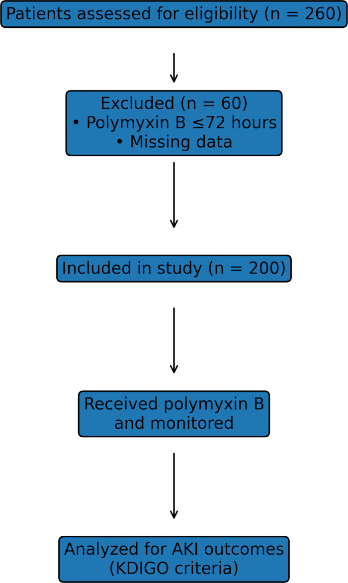 Flowchart of patient selection process: eligibility, exclusion, study inclusion, AKI analysis.