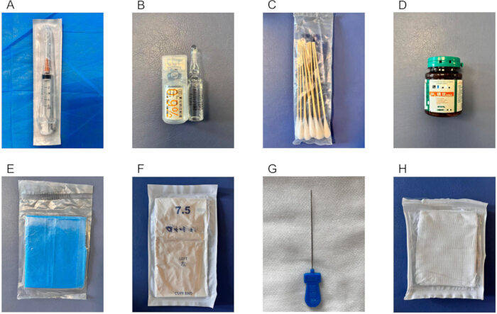 figure-protocol-1 Medical supplies: syringe, ampoule, cotton swabs, antiseptic jar, drapes, gauze, needle in sterile packaging.