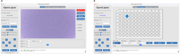 OpenLapse software; time-lapse microscopy; setup A image capture; setup B 96-well plate control.
