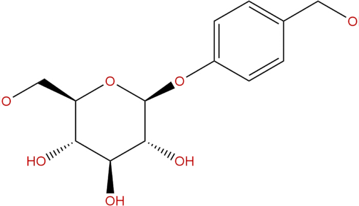 Chemical structure diagram of arbutin, a glycoside, showing phenol and glucose components.