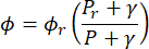 Equation of photonic process showing light absorption dependency; formula φ=φr(Pr+γ)/(P+γ).