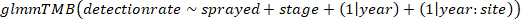 Generalized linear mixed model formula in R for detecting spray impact; data analysis method.