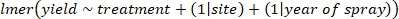 Linear mixed-effects model equation, yield analysis, statistical method, treatment effect.