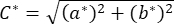 Color difference calculation formula, C* = √((a*)² + (b*)²); equation; color science analysis.