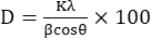 Crystallography formula, D=kλ/βcosθ×100, for particle size calculation, shown as equation.