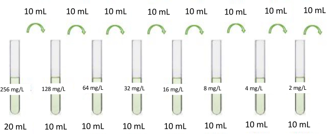 Serial dilution diagram for concentration reduction; method decreasing solute mg/L across test tubes.