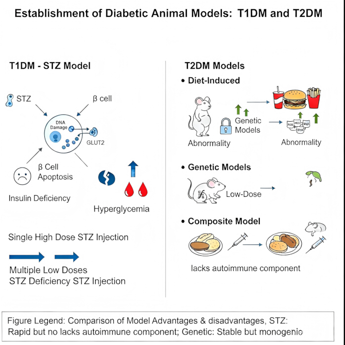 Diabetic animal models; T1DM STZ model diagram; T2DM diet-induced, genetic, composite models.