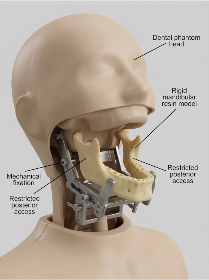 figure-protocol-6 Dental phantom with mandibular model showing mechanical fixation and restricted access points.