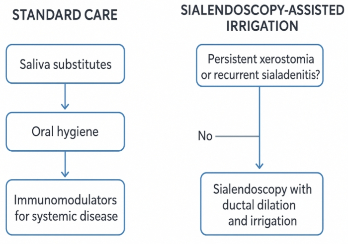 figure-protocol-2 Flowchart comparing standard sialendoscopy care and assisted irrigation for xerostomia treatment.