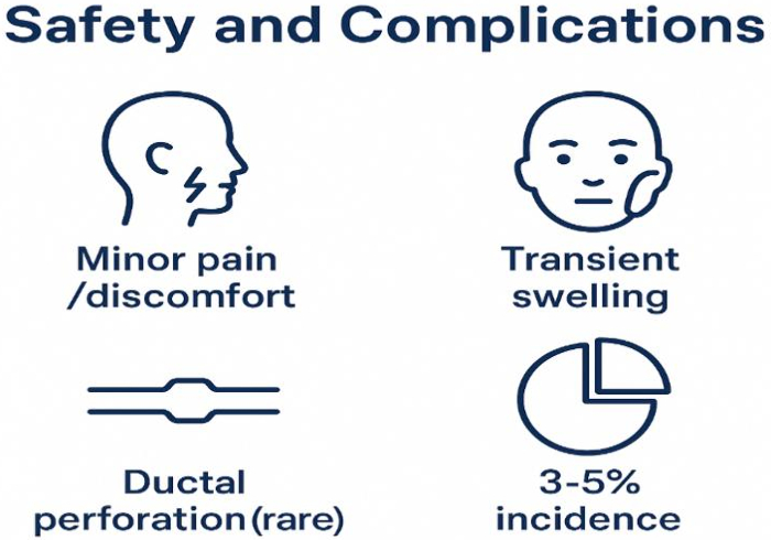 figure-protocol-3 Safety complications diagram: pain, swelling, ductal perforation, 3-5% incidence pie chart.