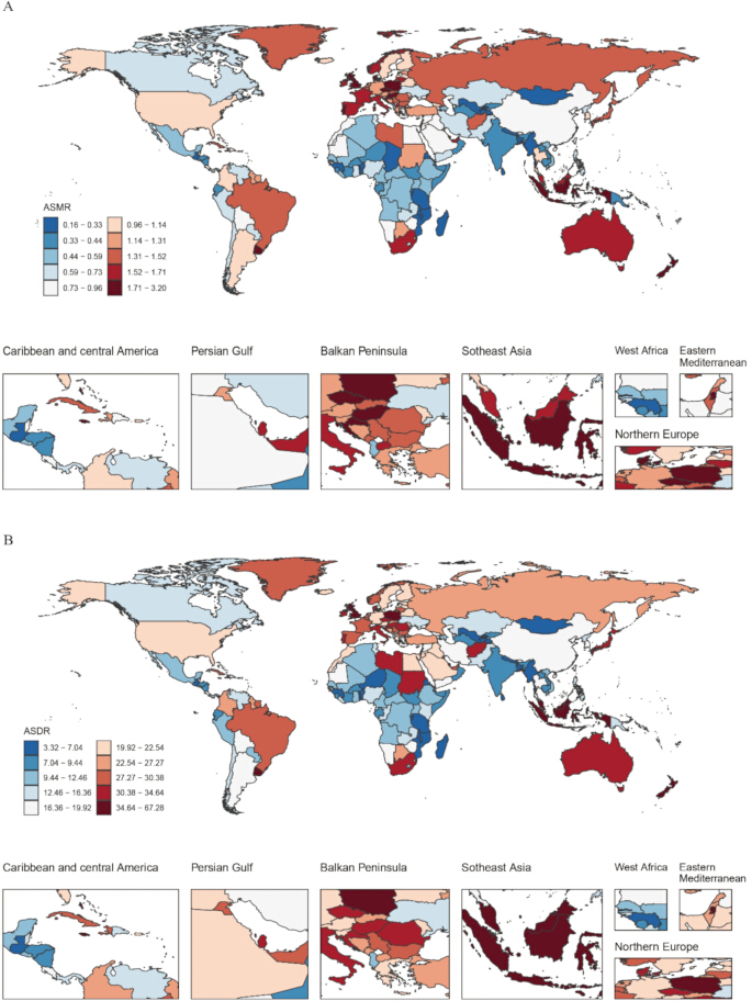 figure-results-6 World mortality rates map with ASMR, ASDR data; global health comparison, diverse region focus.