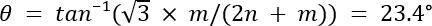 Crystallography angle formula θ = tan⁻¹(√3 × m/(2n + m)) = 23.4°, mathematical equation.