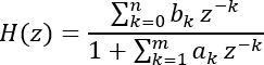 Discrete-time transfer function formula, H(z), featuring polynomials, used in digital signal processing.