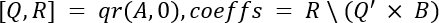 QR factorization formula, [Q,R]=qr(A,0), coefficients calculation, equation in matrix algebra.