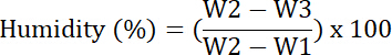 Humidity calculation formula, humidity (%) = (W2-W3)/(W2-W1) x 100, equation illustration.