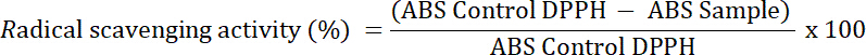 Radical scavenging activity formula, (ABS Control DPPH - ABS Sample) / ABS Control DPPH x 100.