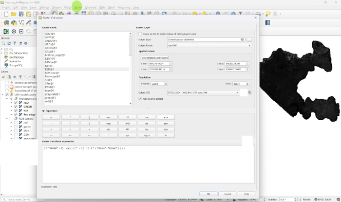 figure-results-6 QGIS raster calculator use, displaying NDVI formula setup and output options in GIS mapping software.